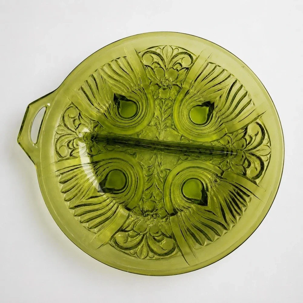 Vintage Indiana Glass Killarney Avocado Green Divided Relish Dish